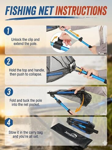 Jenseits Foldable Fishing Landing Net, Telescopic Aluminum Handle，Blue | Rubber-Coated Mesh, EVA Floating Frame, Ultralight Extendable Design for Kayak, Boat, Bass & Trout Fishing，Great Gift for Men in Saudi Arabia