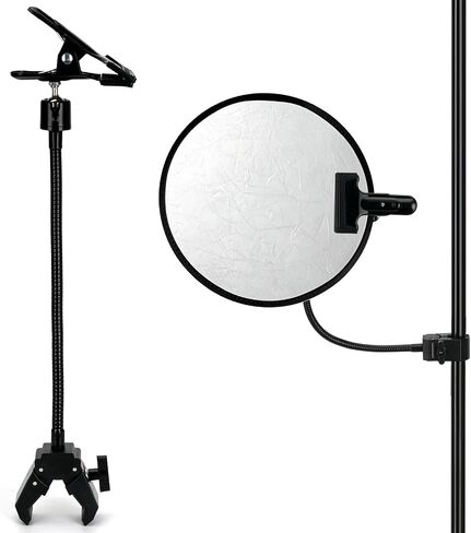 11 Inch Photography Reflector Clamp with Flexible Arm and Swivel Ball Head | Aluminum Alloy and Steel, 360° Swivel, 1/4 in Thread, 0.5-1.9 in Clamp Range, Rubber Pads, for Light Stands in Saudi Arabia