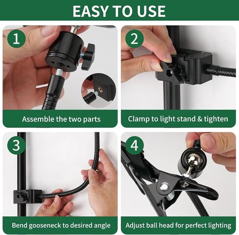 11 Inch Photography Reflector Clamp with Flexible Arm and Swivel Ball Head | Aluminum Alloy and Steel, 360° Swivel, 1/4 in Thread, 0.5-1.9 in Clamp Range, Rubber Pads, for Light Stands in Saudi Arabia