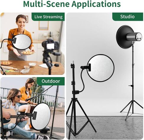 11 Inch Photography Reflector Clamp with Flexible Arm and Swivel Ball Head | Aluminum Alloy and Steel, 360° Swivel, 1/4 in Thread, 0.5-1.9 in Clamp Range, Rubber Pads, for Light Stands in Saudi Arabia