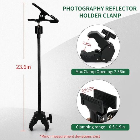11 Inch Photography Reflector Clamp with Flexible Arm and Swivel Ball Head | Aluminum Alloy and Steel, 360° Swivel, 1/4 in Thread, 0.5-1.9 in Clamp Range, Rubber Pads, for Light Stands in Saudi Arabia