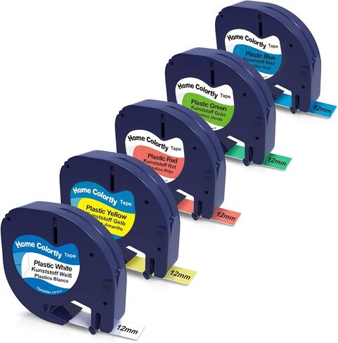 Colored Label Tape Highly Sticky Plastic for Letratag LT100H | 5-Pack Labels Designed to Be Compatible with Dymo LetraTag Refills 12mm x 4 m，suitable for the Letratag LT100H, LT100T, QX50 in Saudi Arabia