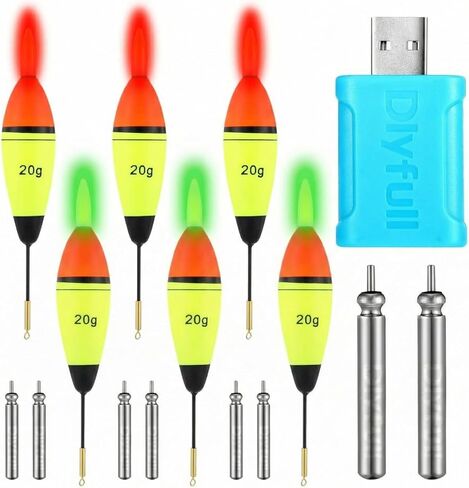 6 Pcs LED Lighted Fishing Bobbers, Light up Slip Bobbers Floats with 2 Rechargeable Batteries and 1 Charger Set for Night Fishing, Red, Green in Saudi Arabia