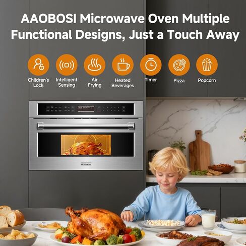 AAOBOSI 30 Inch Built-in Microwave Oven Air Fryer Combo Convection Oven | 1.6 Cu. Ft. Under Cabinet Microwave, Stainless Steel Finish, Touch Control LCD Display, Sensor Cook 10 Modes Cooking in Saudi Arabia