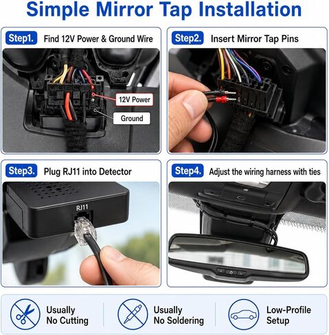 15" RJ11 Mirror Tap Radar Detector Hardwire Kit for Uniden R3 R4 R7 R8 | Mirror tap power cord compatible with Escort and Valentine One, rearview mirror wire tap with inline fuse and multi-pin taps in Saudi Arabia