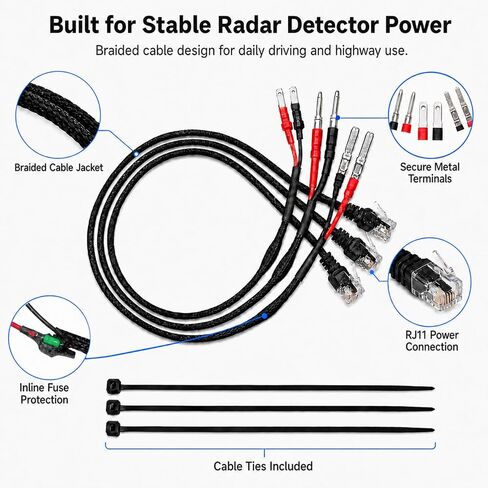 15" RJ11 Mirror Tap Radar Detector Hardwire Kit for Uniden R3 R4 R7 R8 | Mirror tap power cord compatible with Escort and Valentine One, rearview mirror wire tap with inline fuse and multi-pin taps in Saudi Arabia