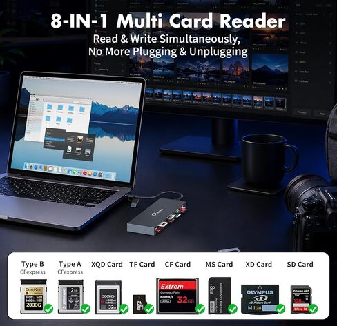 CFexpress Type B & Type A Card Reader, Professional 8-Slot USB 3.2 10Gbps Memory Card Adapter for XQD SD TF MS XD CF, Simultaneous Read Multi Slot Adapter for for Windows, Mac OS, Linux, iOS, Android in Kuwait