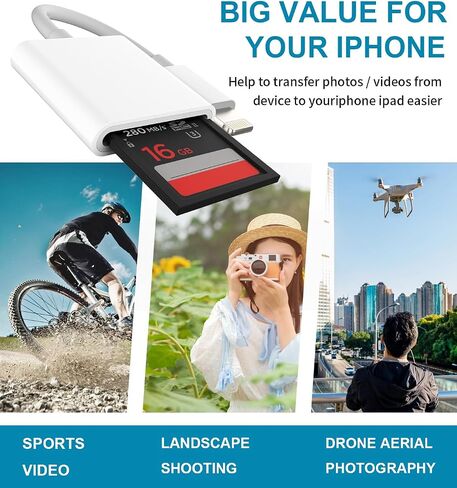 Lightning to SD Card Reader for iPhone, Lightning Camera Adapter Trail Camera Viewer SD Card Camera Memory Card Adapter Compatible with iPhone 14/13/12/11/XS/XR/X/8/7/iPad, Plug and Play in Saudi Arabia