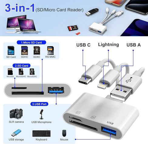 3 in 1 SD Card Reader for iPhone, USB Camera Adapter with Lightning/USB-C/USB-A, Memory Card Reader, SD/Micro SD Card Adapter for iPhone, iPad, Android, Mac, PC, Trail Game Camera in Saudi Arabia