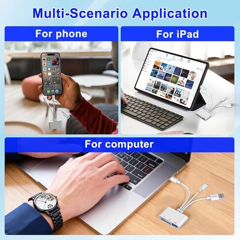 3 in 1 SD Card Reader for iPhone, USB Camera Adapter with Lightning/USB-C/USB-A, Memory Card Reader, SD/Micro SD Card Adapter for iPhone, iPad, Android, Mac, PC, Trail Game Camera in Saudi Arabia
