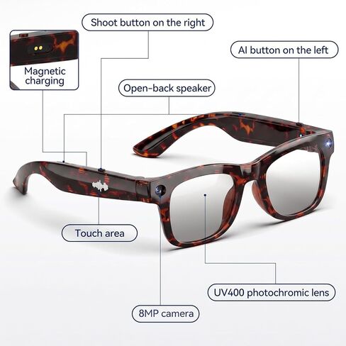 AI Smart Glasses with HD Camera, BT Call, 8MP Anti-Shake Camera Glasses with 1080P Video Recording Dual Mic, Simultaneous Interpretation/GPT Identify Objects, Photochromic Lens Leopard Print in Saudi Arabia