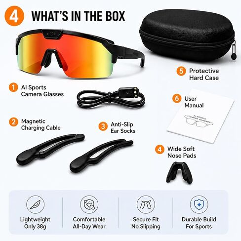 AI Smart Sport Glasses 30MP Camera, Video Recording Sunglasses 1200P HD | Dual Anti-Shake, Bluetooth Glasses Music Real-Time Translation 139-Lang, ChatGPT Voice Assistant for Hiking Cycling Outdoor in Saudi Arabia