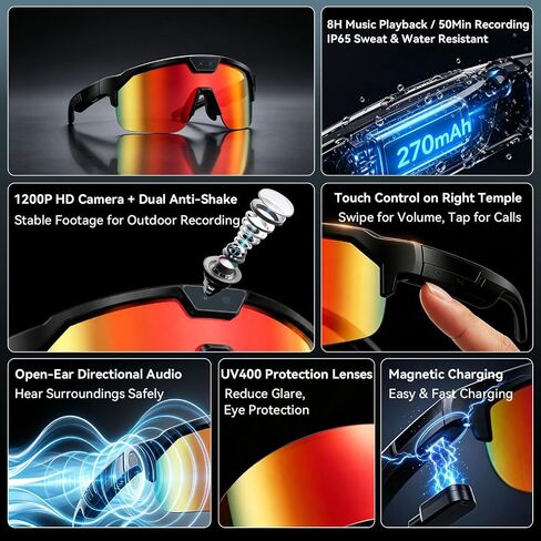 AI Smart Sport Glasses 30MP Camera, Video Recording Sunglasses 1200P HD | Dual Anti-Shake, Bluetooth Glasses Music Real-Time Translation 139-Lang, ChatGPT Voice Assistant for Hiking Cycling Outdoor in Saudi Arabia