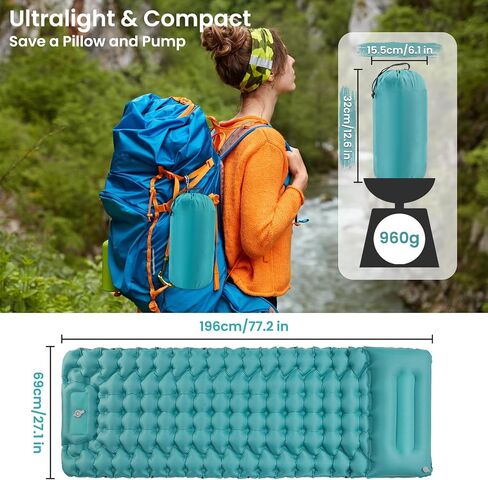 Inflating Sleeping Pad Mattress for Camping 4" Extra Thick | Inflatable Camping Bed with Built-In Foot Pump for Tent Mat Air Cot for Floor - Blue in Saudi Arabia