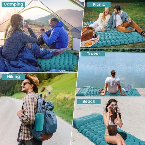 Inflating Sleeping Pad Mattress for Camping 4" Extra Thick | Inflatable Camping Bed with Built-In Foot Pump for Tent Mat Air Cot for Floor - Blue in Saudi Arabia