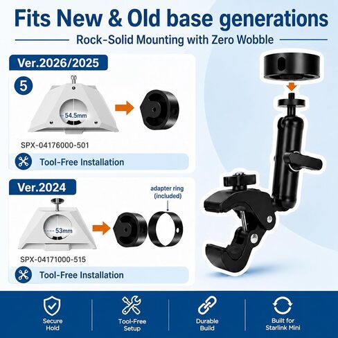 Starlink Mini Clamp Mount Kit with Adapter, Adjustable Pole and Rail Mount for Starlink Mini, Compatible with 2024/2025/2026 for RV, Camper, Boat, Balcony in Saudi Arabia