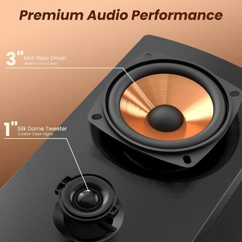 BESTISAN Active Bookshelf Speakers, 50W BT Home Speakers, 3’’ Woofer, 1’’ Silk Dome Tweeter PC Speakers, RCA Speakers for Desktop/Turntable/TV, Bass & Treble Adjustable, Headphone Port for Gaming in Kuwait