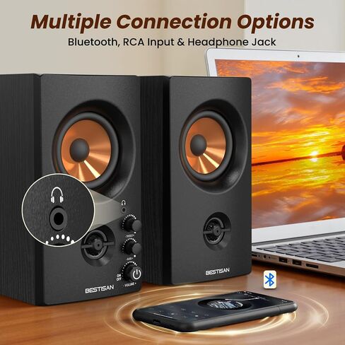 BESTISAN Active Bookshelf Speakers, 50W BT Home Speakers, 3’’ Woofer, 1’’ Silk Dome Tweeter PC Speakers, RCA Speakers for Desktop/Turntable/TV, Bass & Treble Adjustable, Headphone Port for Gaming in Kuwait
