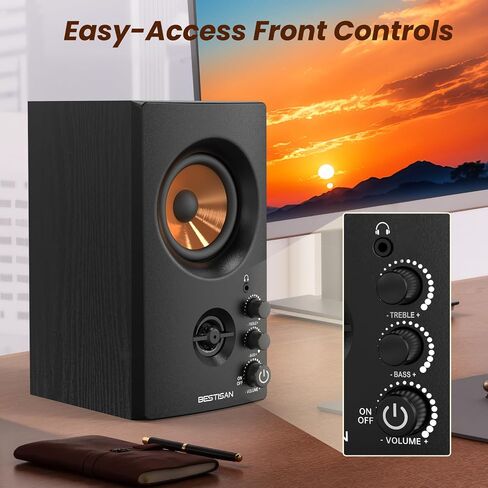BESTISAN Active Bookshelf Speakers, 50W BT Home Speakers, 3’’ Woofer, 1’’ Silk Dome Tweeter PC Speakers, RCA Speakers for Desktop/Turntable/TV, Bass & Treble Adjustable, Headphone Port for Gaming in Kuwait