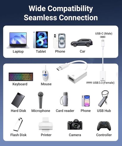 [Apple MFi Certified] USB C to USB Adapter, USB C Male to USB 3.0 Female OTG Cable Converter Compatible with MacBook Pro Air, Tablets, iPhone 17 Pro Max/17 Plus/16/15 Series, Galaxy S24/S23/S22, White in Saudi Arabia