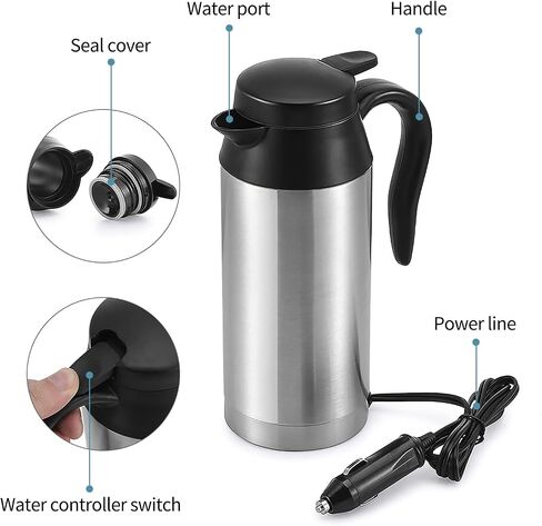Sunsbell Portable Electric Car Kettle - 650ml Car Kettle Water Boiler 12V Car Heating Travel Cup Stainless Steel Car Heated Travel Mug Car Coffee Cup Warmer with DC 12V Charger for Car (Sliver) in Saudi Arabia