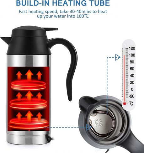 Sunsbell Portable Electric Car Kettle - 650ml Car Kettle Water Boiler 12V Car Heating Travel Cup Stainless Steel Car Heated Travel Mug Car Coffee Cup Warmer with DC 12V Charger for Car (Sliver) in Saudi Arabia