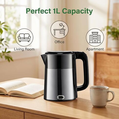 1L Small Travel Electric Kettle 1000W Portable Mini Hot Water Boiler | 304 Stainless Steel,Fast Boiling, Double Wall, Auto Shut-Off,Boil Dry Protection,Cordless 360° Base for Tea and Coffee in Saudi Arabia