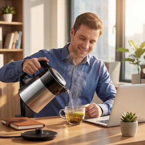 1L Small Travel Electric Kettle 1000W Portable Mini Hot Water Boiler | 304 Stainless Steel,Fast Boiling, Double Wall, Auto Shut-Off,Boil Dry Protection,Cordless 360° Base for Tea and Coffee in Saudi Arabia