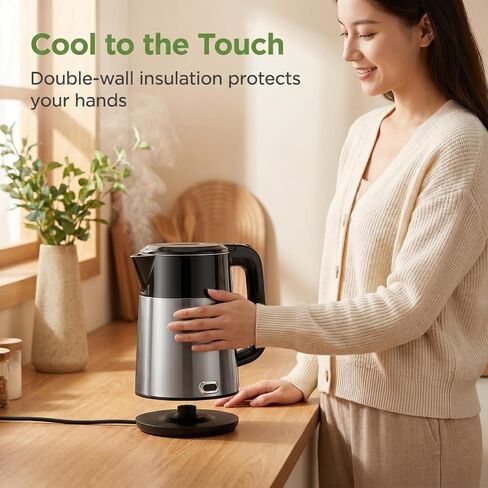 1L Small Travel Electric Kettle 1000W Portable Mini Hot Water Boiler | 304 Stainless Steel,Fast Boiling, Double Wall, Auto Shut-Off,Boil Dry Protection,Cordless 360° Base for Tea and Coffee in Saudi Arabia