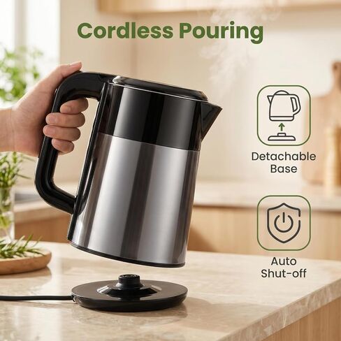 1L Small Travel Electric Kettle 1000W Portable Mini Hot Water Boiler | 304 Stainless Steel,Fast Boiling, Double Wall, Auto Shut-Off,Boil Dry Protection,Cordless 360° Base for Tea and Coffee in Saudi Arabia