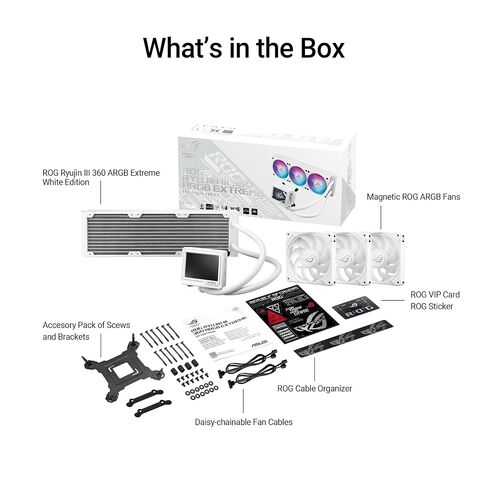ASUS ROG RYUJIN III 360 ARGB Extreme White Edition All-in-one AIO CPU Liquid Cooler, AMD Ryzen 9000 & Intel Core Ultra, Asetek Gen8 V2 Pump high Airflow Magnetic Fans; 3.5" LCD, 6 Year Warranty in Saudi Arabia
