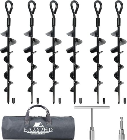 Eazy2hD 6 Pack Tent Stakes Heavy Duty, 15 Inch Long Ground Anchors Screw in | Metal High Winds Trampoline Stake with Nut and Tool, Spiral Sand Anchor for Canopy, Beach,Camping, Shed,Swing Set, Car Ports in Saudi Arabia