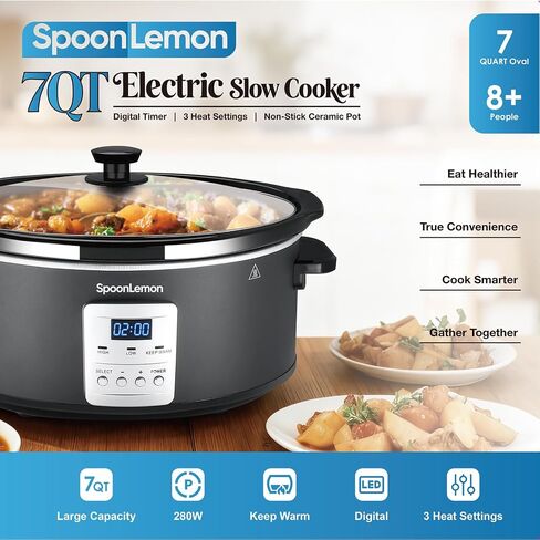 7QT Electric Slow Cooker with Digital Timer, 20H Programmable & 3 Heat Settings, Oval Ceramic Pot, Large Capacity for Family Dinner, Meal Prep, Compatible with 30 pcs 13"x21" Cooking Liners in Kuwait
