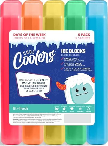 Fit & Fresh Cool Coolers 5pk Days of the Week Ice Blocks | Reusable Ice Packs for Lunch Boxes & Coolers, BPA-Free, Long-Lasting Freeze, Cold Packs for Kids Lunch Bags, School & Travel in Saudi Arabia
