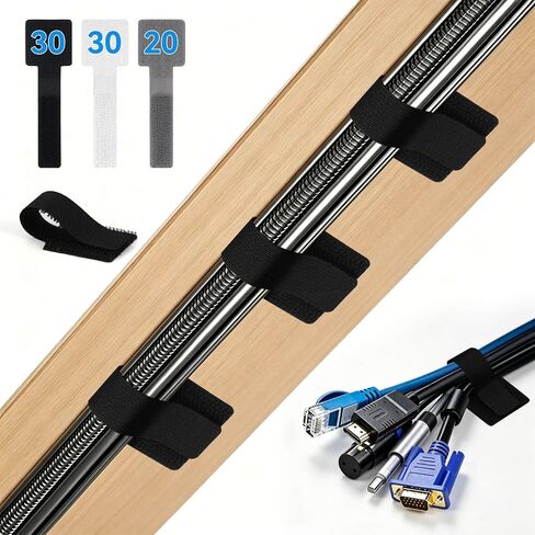 80 Pcs Cable Management Under Desk, Cord Organizer, Reusable Hook and Loop Cable Ties, Computer Accessories for Desk, Home Office Essentials, Black, White, Grey in Saudi Arabia