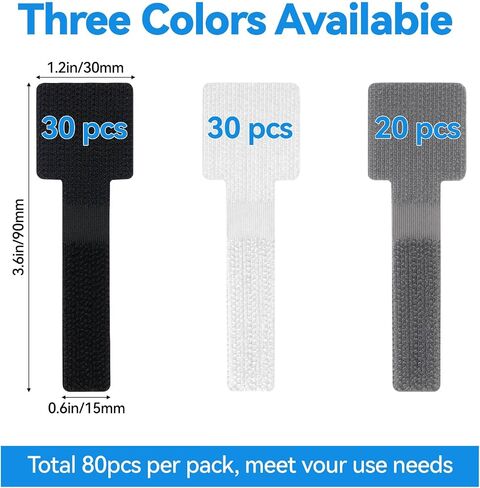 80 Pcs Cable Management Under Desk, Cord Organizer, Reusable Hook and Loop Cable Ties, Computer Accessories for Desk, Home Office Essentials, Black, White, Grey in Saudi Arabia