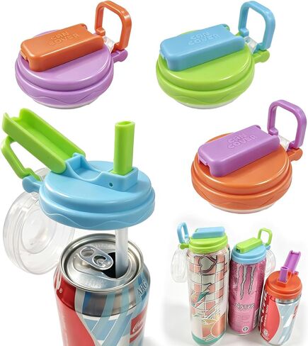 Soda Can Lids with Straws 4 Pack, Reusable Soda Can Covers with Handle & Soda Can Opener, Short & Long Straws, Dual-Rim Fit for Most Standard Cans in Saudi Arabia