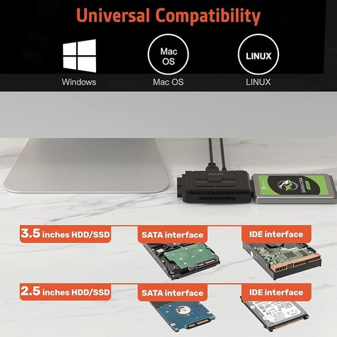 Alxum SATA IDE to USB 3.0 Adapter 2.5" 3.5" HDD SSD Hard Drive Reader | Hard Drive Recovery Converter Kit with 12V 2A Power Supply,External SSD Enclosure for Universal SATA IDE Hard Disk Transfer in Saudi Arabia