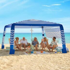 Zeraty Beach Cabana 8'×8', Portable Beach Canopy with Side Wall, UPF 50+ Silver-Coated Beach Tent Sun Shelter Easy Pop Up, Wind Resistant Adjustable Height Beach Umbrella Tent for Family, Navy Blue in Kuwait