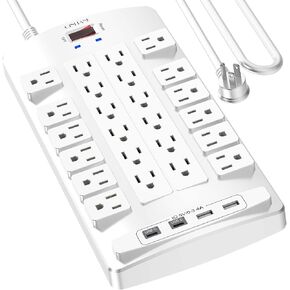 QINLIANF Surge Protector Power Strip - 6Ft Flat Plug Heavy Duty Extension Cord with 24 Outlets and 4 USB Ports(2 USB-C Ports), 4100J, for Home, Office, Dorm, ETL Listed, Black in Saudi Arabia