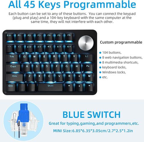 Koolertron One Handed Mechanical Gaming Keyboard with 24 Macro Keys, 45-Key Fully Programmable Mini Keypad, Mini USB Macro Keyboard with Rotating Knob, Blue Backlit, for Windows PC Gamers in Saudi Arabia