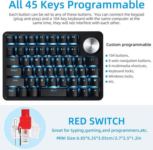 Koolertron One Handed Mechanical Gaming Keyboard with 24 Macro Keys, 45-Key Fully Programmable Mini Keypad, Blue Backlit/Red Switches for Windows PC Gamers in Saudi Arabia