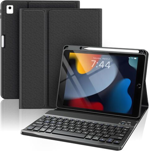 حافظة لوحة مفاتيح iPad 9th/8th/7th Gen 10.2 بوصة، بإضاءة خلفية 7 ألوان، غطاء قابل للطي لاسلكي قابل للفصل مع حامل قلم لجهاز iPad Air 3/Pro 10.5 بوصة - أسود in Kuwait
