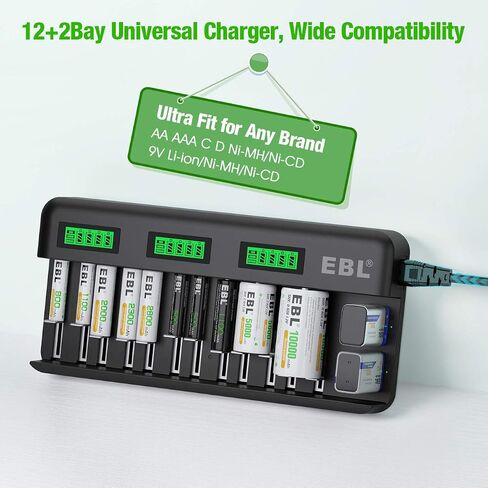EBL Pack of 8 10000mAh Ni-MH D Rechargeable Batteries with 12+2 Bay U Universal Rechargeable Battery Charger in Saudi Arabia