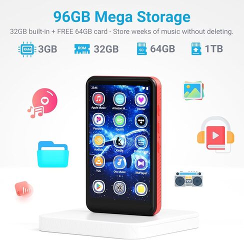 MECHEN X55 Android 10 Player 4 بوصة 96 جيجابايت شاشة لمس بلوتوث أسود/أحمر | بطاقة 3 جيجابايت + 32 جيجابايت + 64 جيجابايت، شاشة IPS 4 بوصة، تشغيل 2000 مللي أمبير في الساعة 15 ساعة، مكبر صوت، Spotify/Apple Music/Audible مثبتة مسبقًا، توسيع حتى 1 تيرابايت in Kuwait