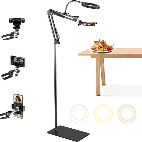 Floor Overhead Phone Mount with Dimmable Ring Light for Filming | Phone Tripod for Content Creators, Perfect for TikTok Videos, Live Streams, Makeup Tutorials, and Hands-Free Recording in Saudi Arabia