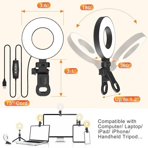 Ring Light [3 Color, 5 Brightness & Timer] 3.5'' Small Video Conference Lighting Clip On Monitor Laptop iPad Phone, USB Plug Dimmable Selfie Light for Working, Meeting, YouTube/TikTok Content Creator in Saudi Arabia