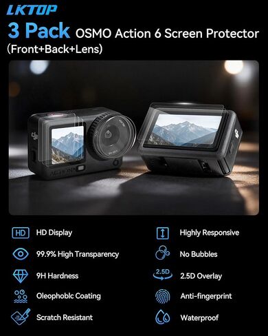 LKTOP 3 Pack DJI Osmo Action 6 Screen Protector, Tempered Glass Front+Back+Lens Film LCD Display Cover for Action6 Pro Accessories, Ultra HD 9H Hardness, Anti Scratch Bubble, with Installation Kit in Saudi Arabia
