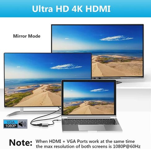 USB C to HDMI VGA Adapter, 2 in 1 Thunderbolt 3 Type-C to VGA 4K HDMI Converter for Dual Monitor Adapter Compatible with MacBook Pro, iPhone 16 15 Pro Max, Surface Pro, PC, etc in Saudi Arabia