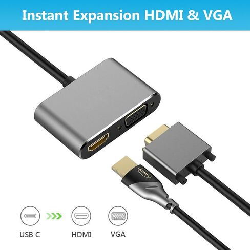 USB C to HDMI VGA Adapter, 2 in 1 Thunderbolt 3 Type-C to VGA 4K HDMI Converter for Dual Monitor Adapter Compatible with MacBook Pro, iPhone 16 15 Pro Max, Surface Pro, PC, etc in Saudi Arabia